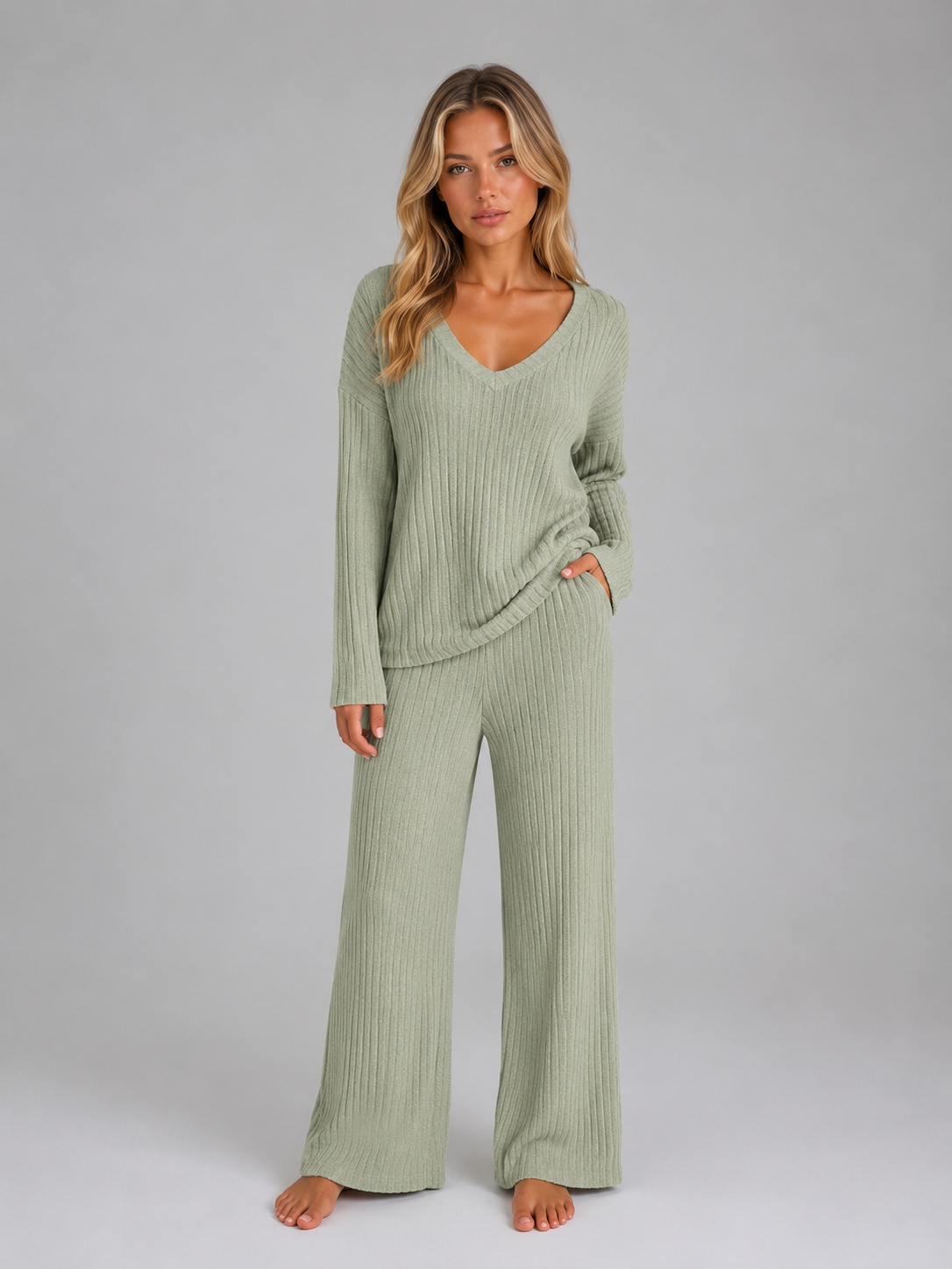 Women's Relaxed Fit Ribbed Knit Lounge Set Soft V-Neck Jumper Wide Leg Trousers
