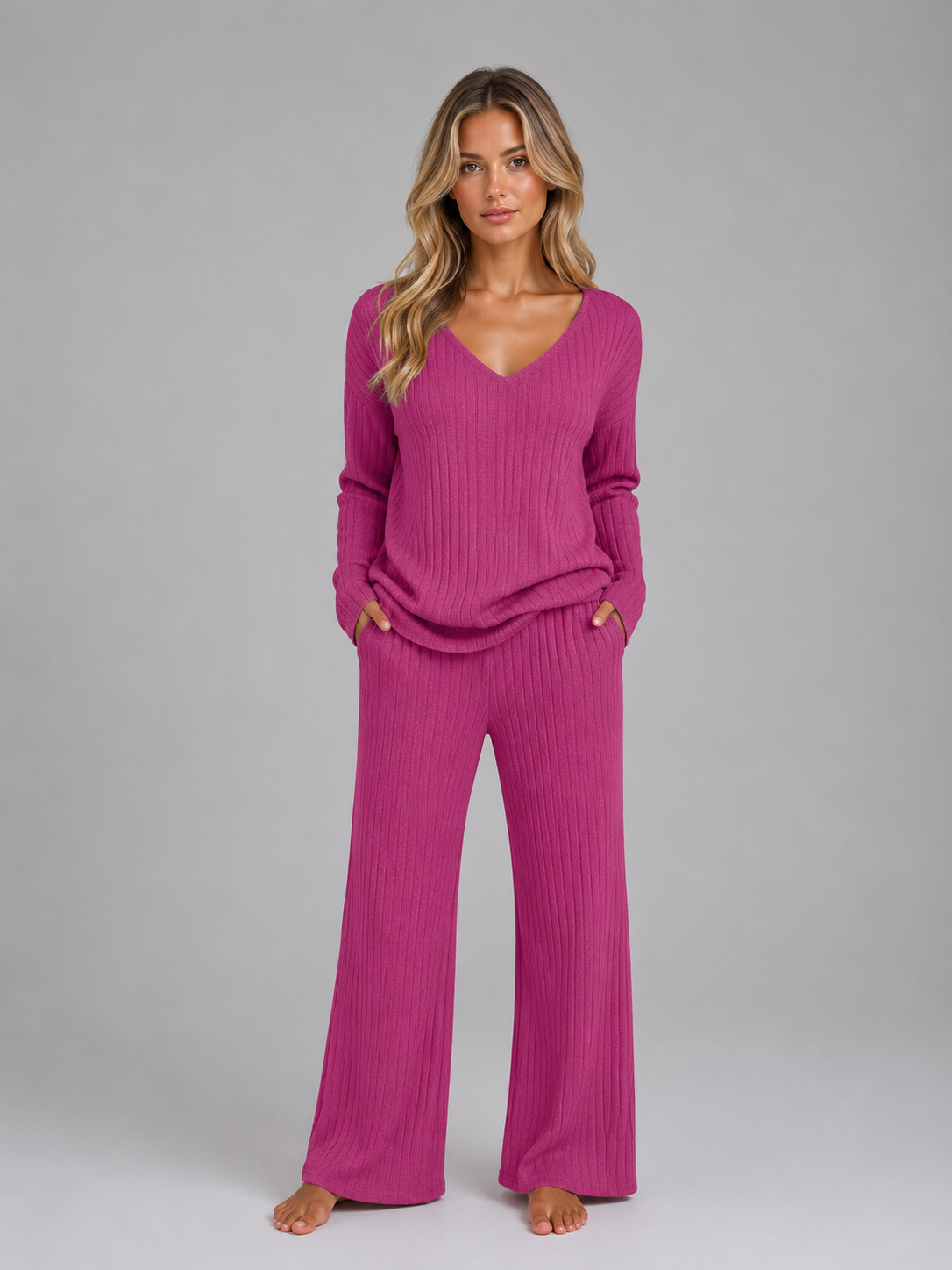 Women's Relaxed Fit Ribbed Knit Lounge Set Soft V-Neck Jumper Wide Leg Trousers