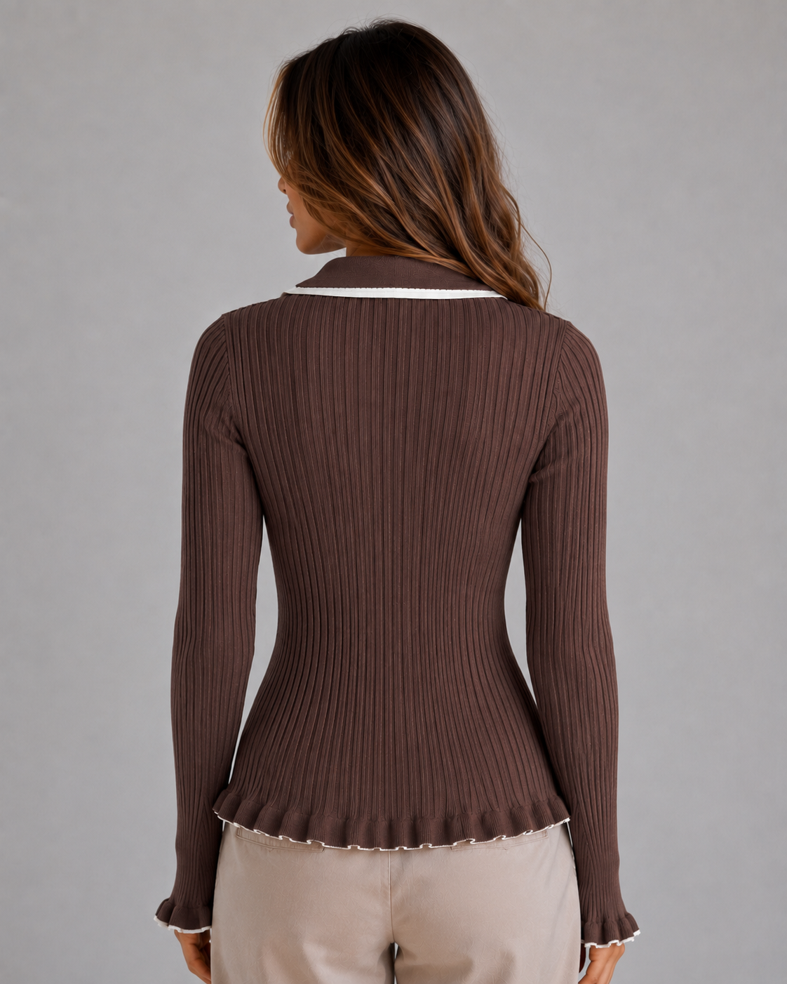 Women's Fitted Ribbed Knit Polo Sweater Long Sleeve Collared Casual Everyday