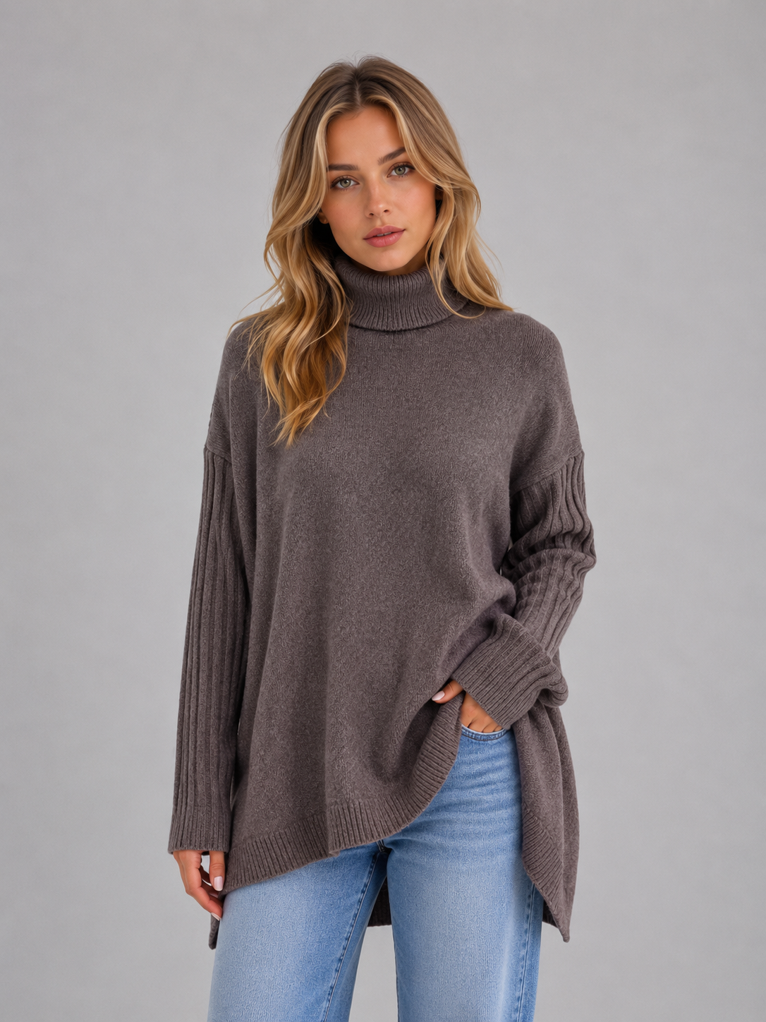 Women's Oversized Roll Neck Sweater Soft Knit Longline Casual Pullover