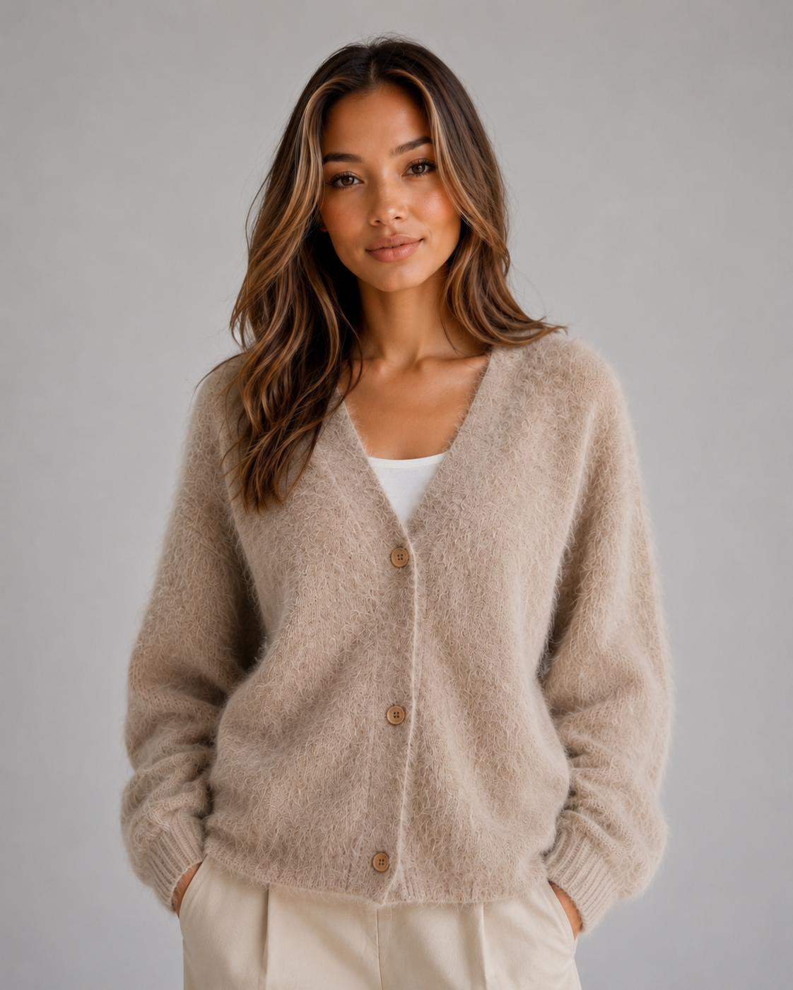 Women's Fluffy Knit Cardigan Button Front V-Neck Cozy Layered Casual Wear