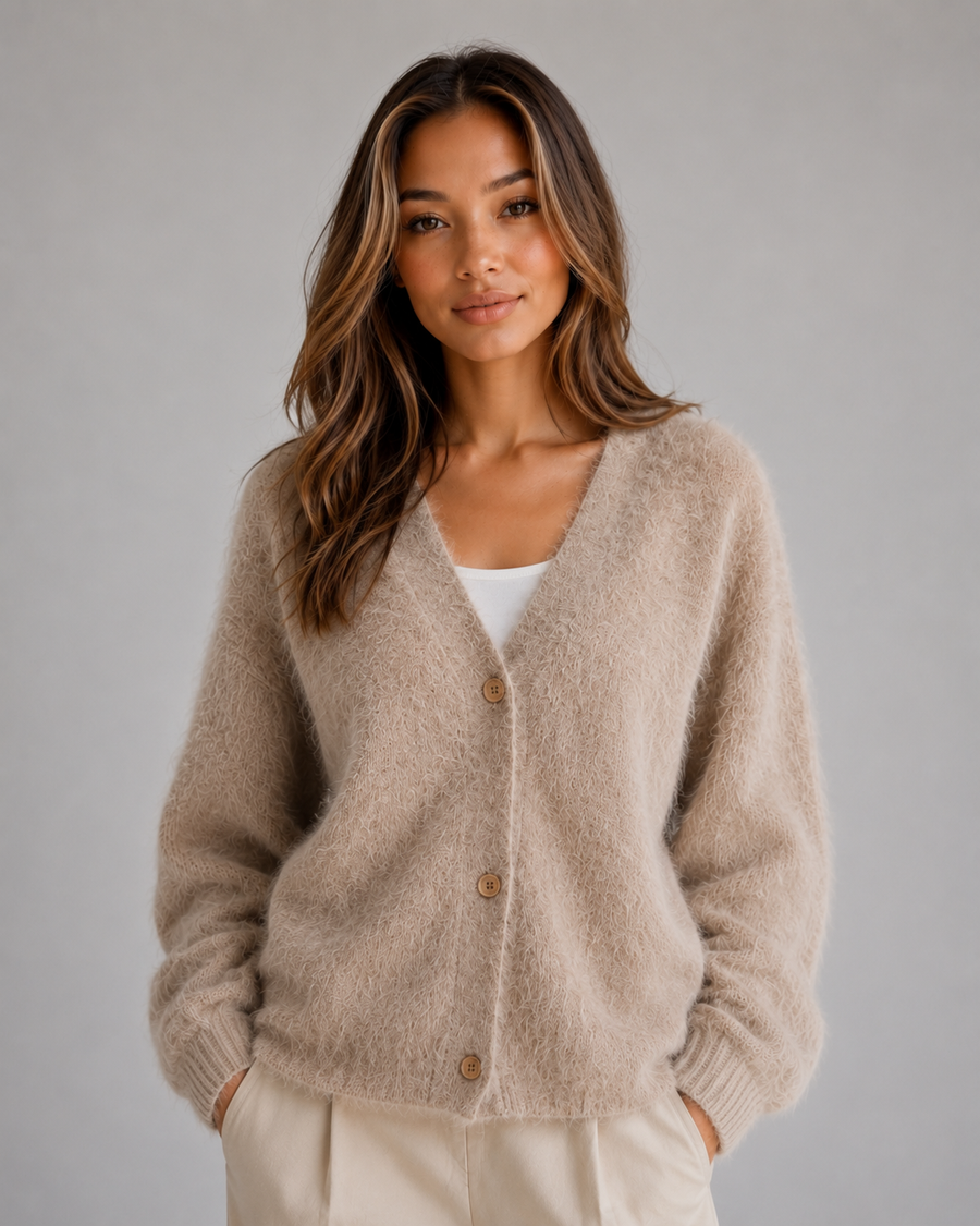 Women's Fluffy Knit Cardigan Button Front V-Neck Cozy Layered Casual Wear