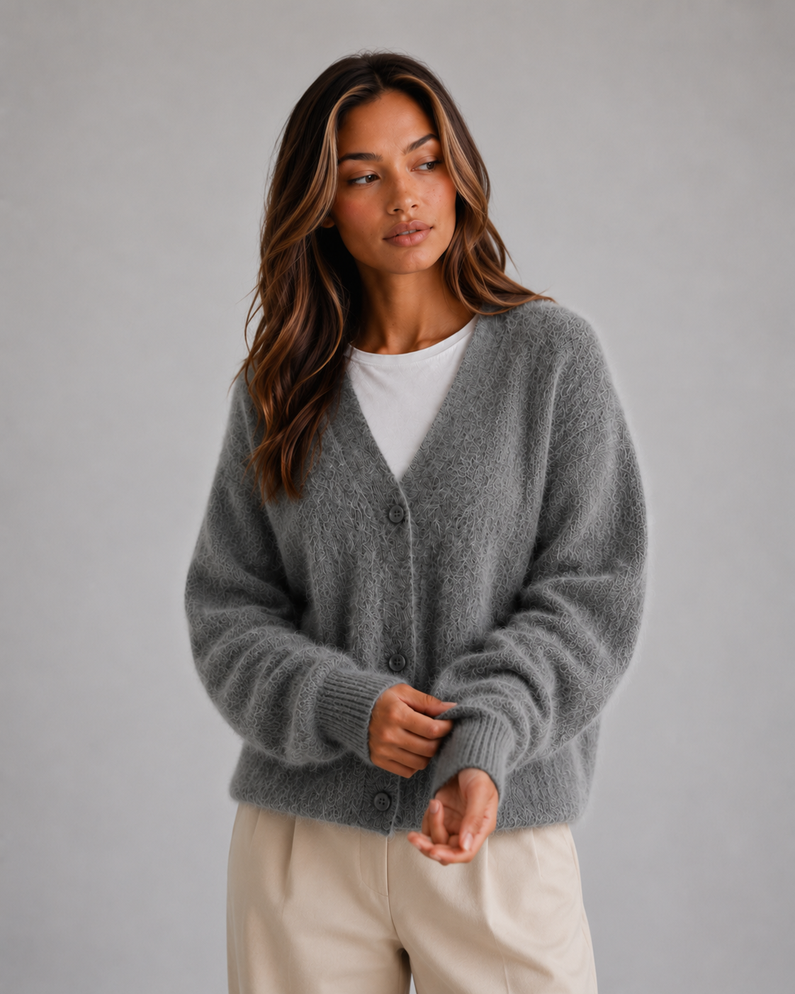 Women's Fluffy Knit Cardigan Button Front V-Neck Cozy Layered Casual Wear