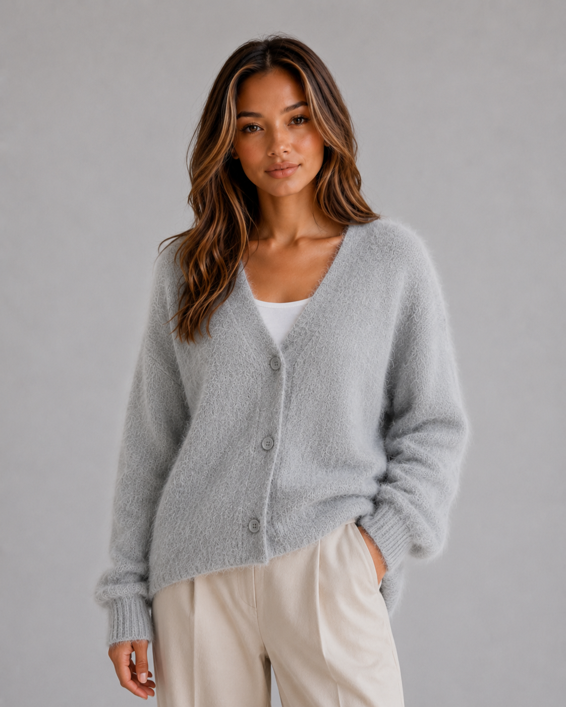 Women's Fluffy Knit Cardigan Button Front V-Neck Cozy Layered Casual Wear