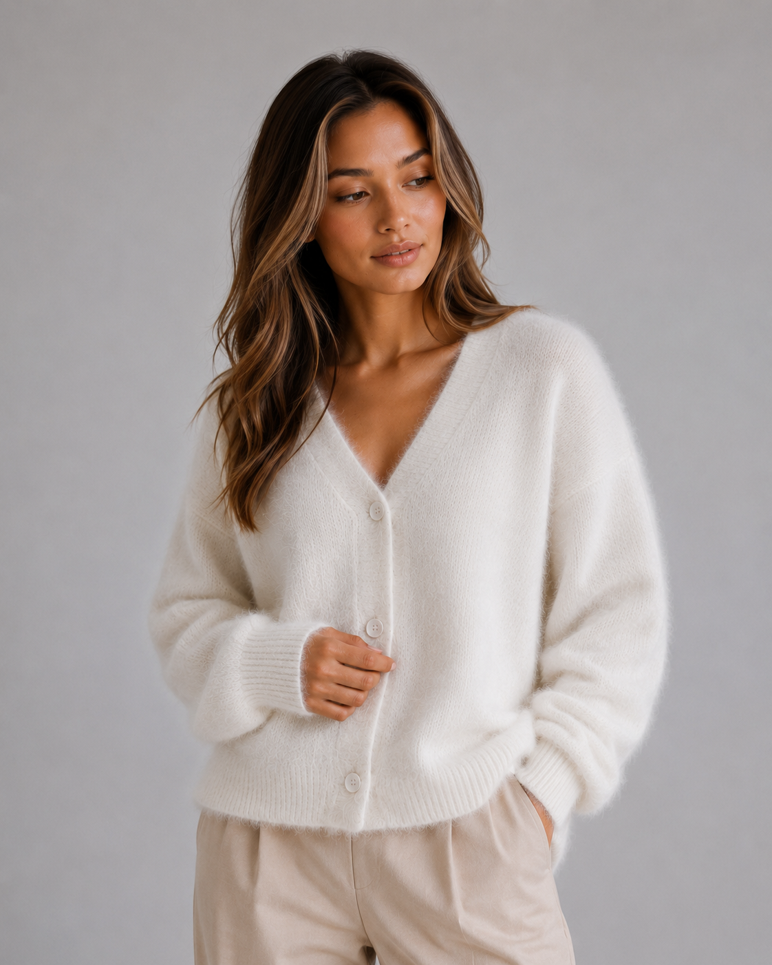 Women's Fluffy Knit Cardigan Button Front V-Neck Cozy Layered Casual Wear