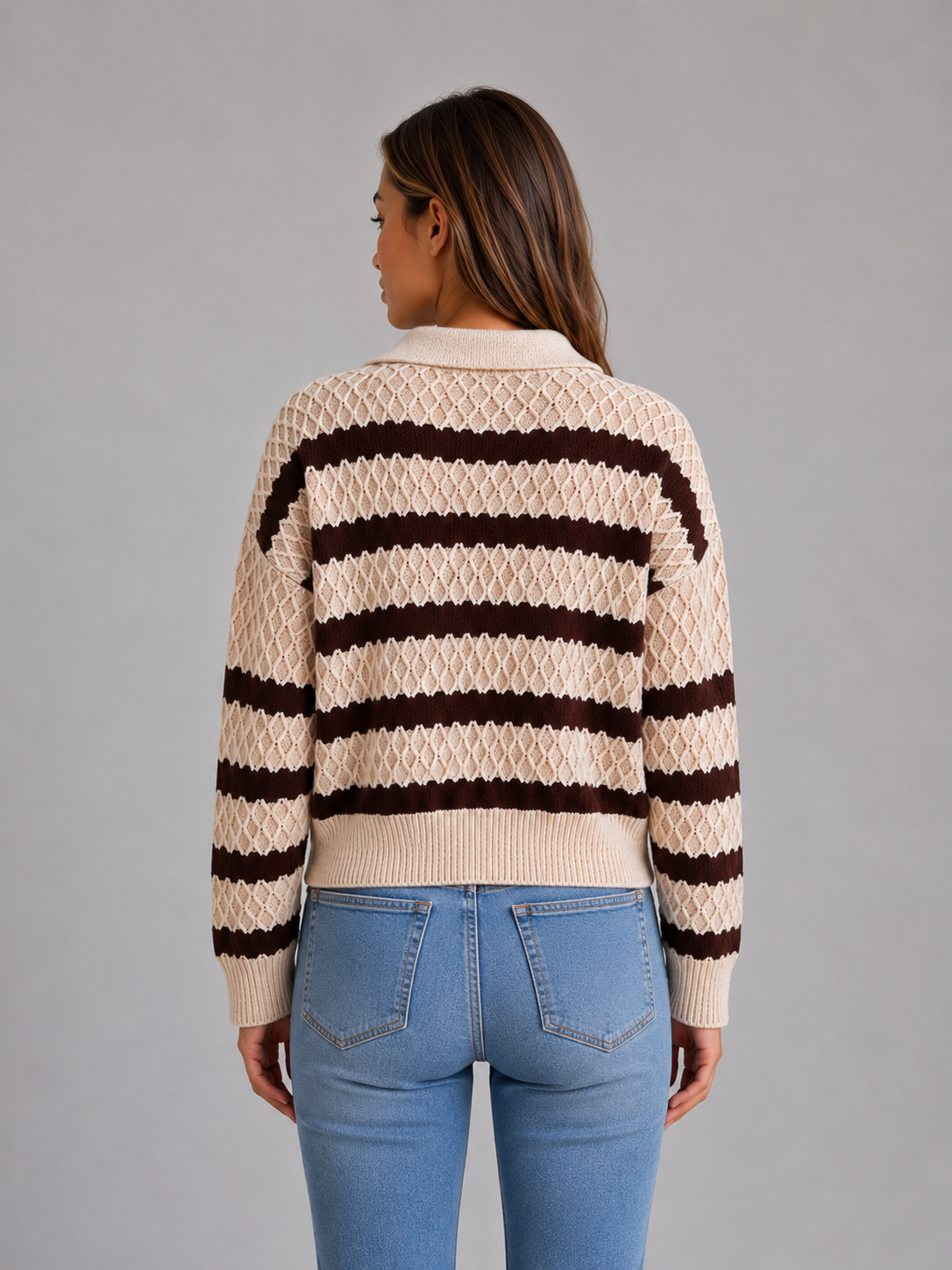 Women's Striped Knit Sweater Long Sleeve Collared Casual Everyday Wear