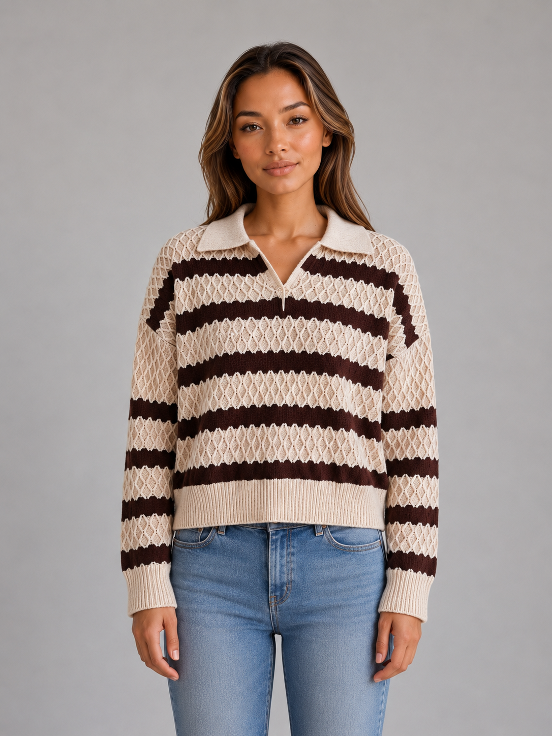 Women's Striped Knit Sweater Long Sleeve Collared Casual Everyday Wear