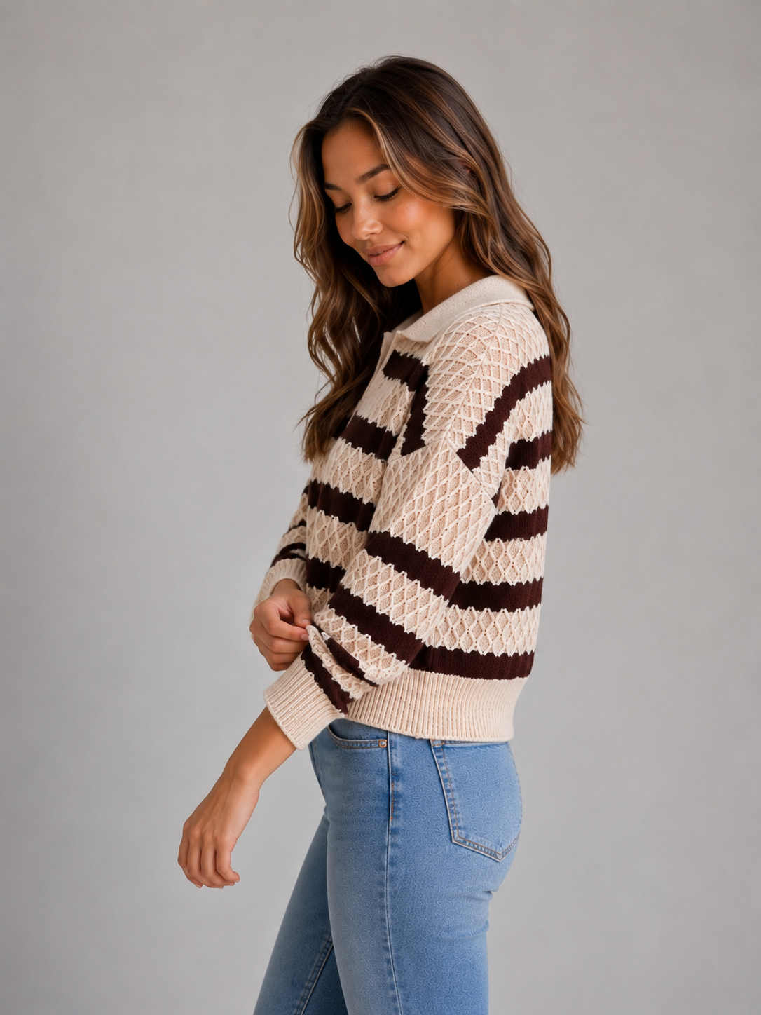 Women's Striped Knit Sweater Long Sleeve Collared Casual Everyday Wear