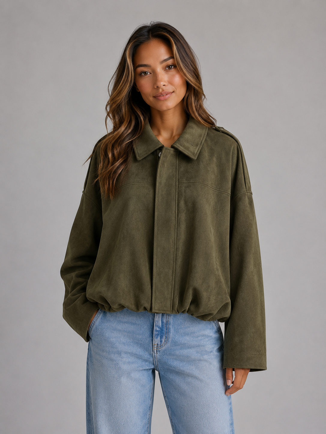 Women's Oversized Suede Bomber Jacket Collared Style Relaxed Fit Casual Wear
