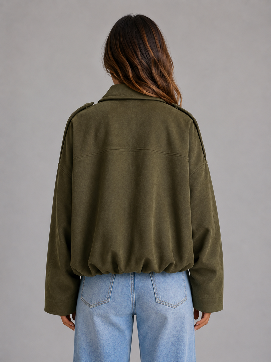Women's Oversized Suede Bomber Jacket Collared Style Relaxed Fit Casual Wear