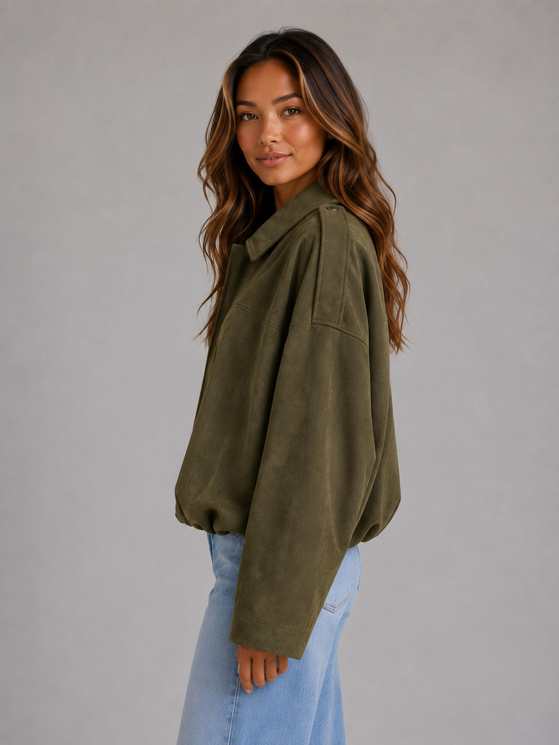 Women's Oversized Suede Bomber Jacket Collared Style Relaxed Fit Casual Wear