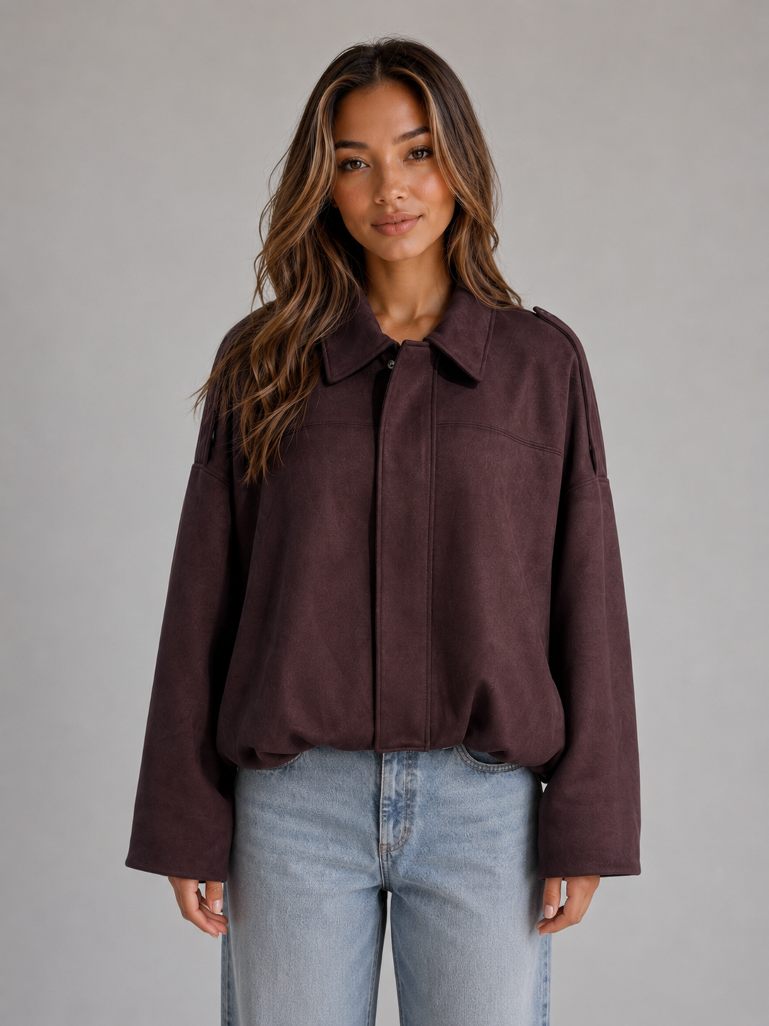 Women's Oversized Suede Bomber Jacket Collared Style Relaxed Fit Casual Wear