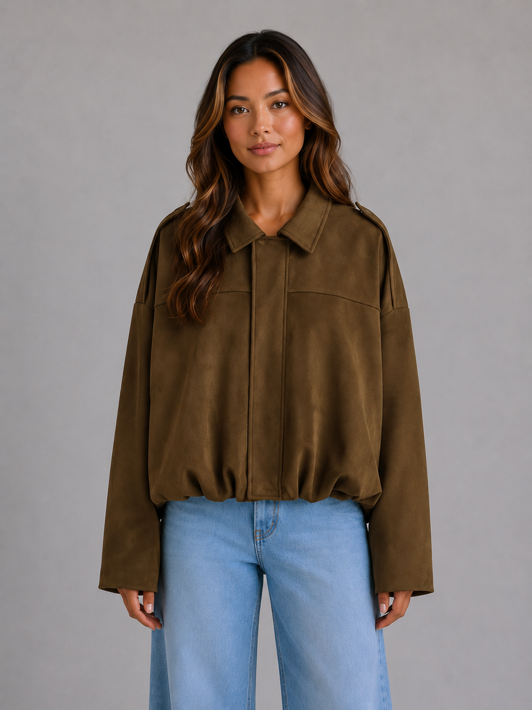 Women's Oversized Suede Bomber Jacket Collared Style Relaxed Fit Casual Wear