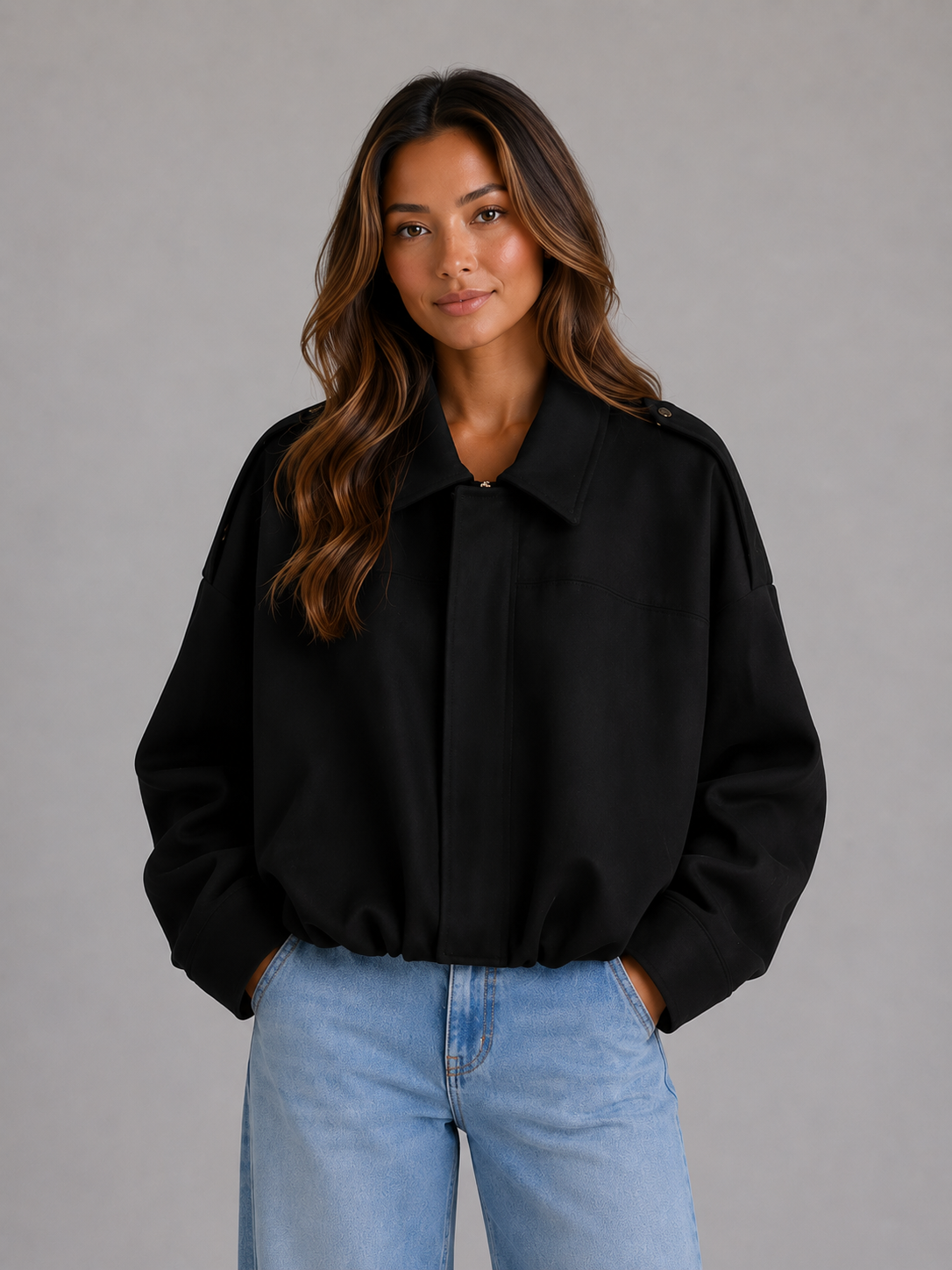 Women's Oversized Suede Bomber Jacket Collared Style Relaxed Fit Casual Wear