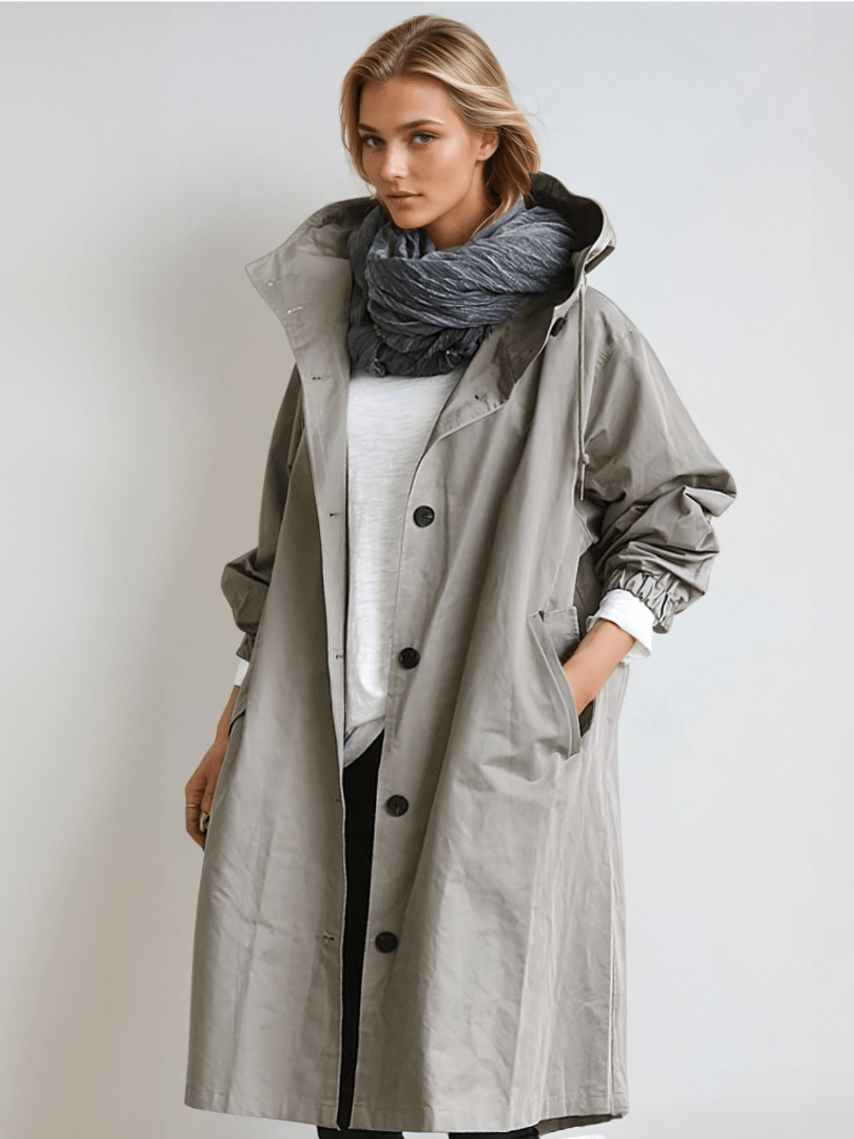 Women's Longline Trench Coat Hooded Button Front Stylish Layering Everyday