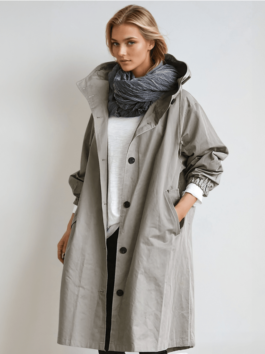 Women's Longline Trench Coat Hooded Button Front Stylish Layering Everyday