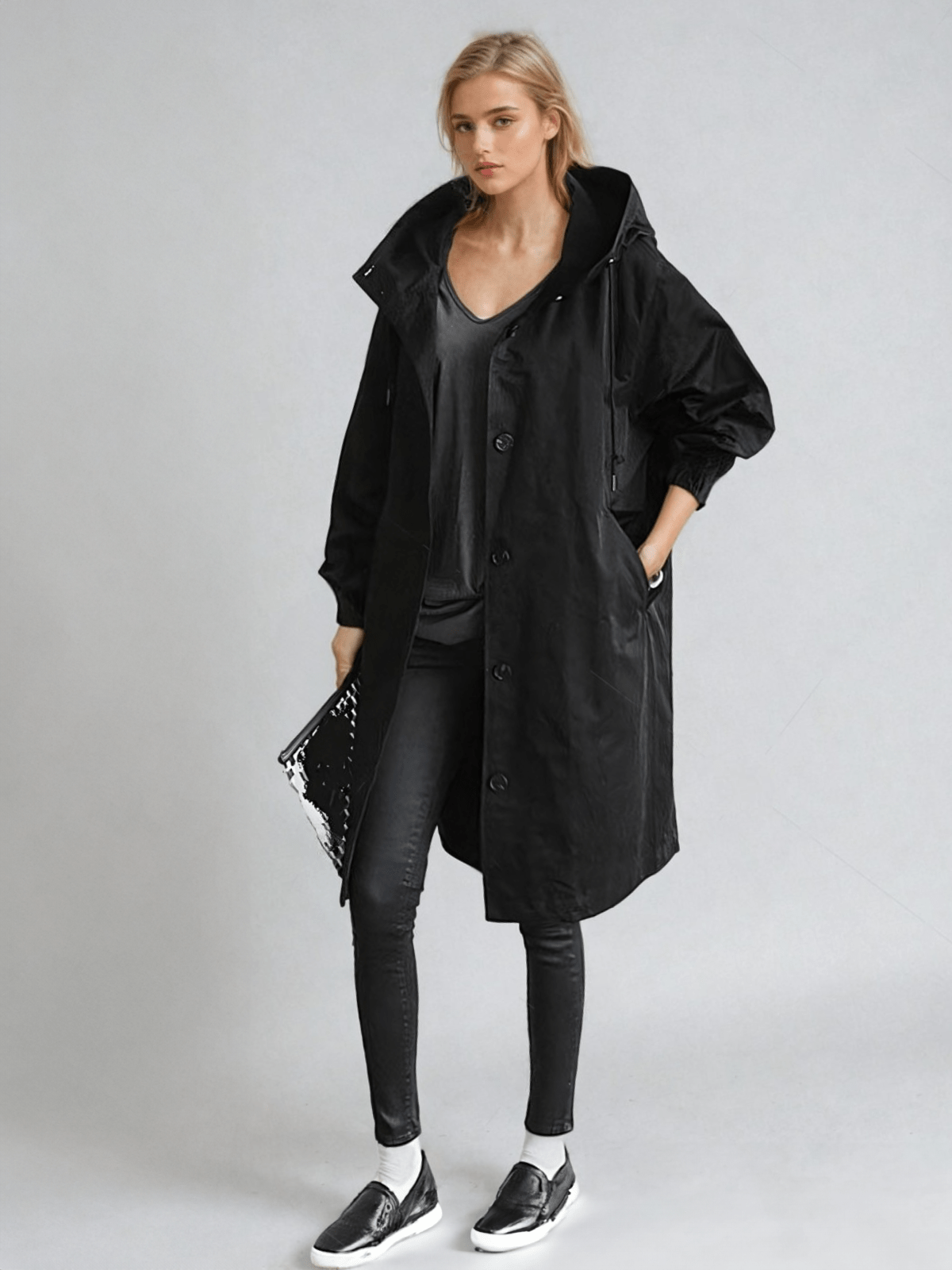 Women's Longline Trench Coat Hooded Button Front Stylish Layering Everyday