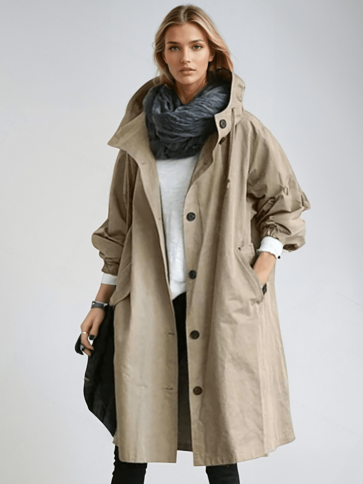 Women's Longline Trench Coat Hooded Button Front Stylish Layering Everyday