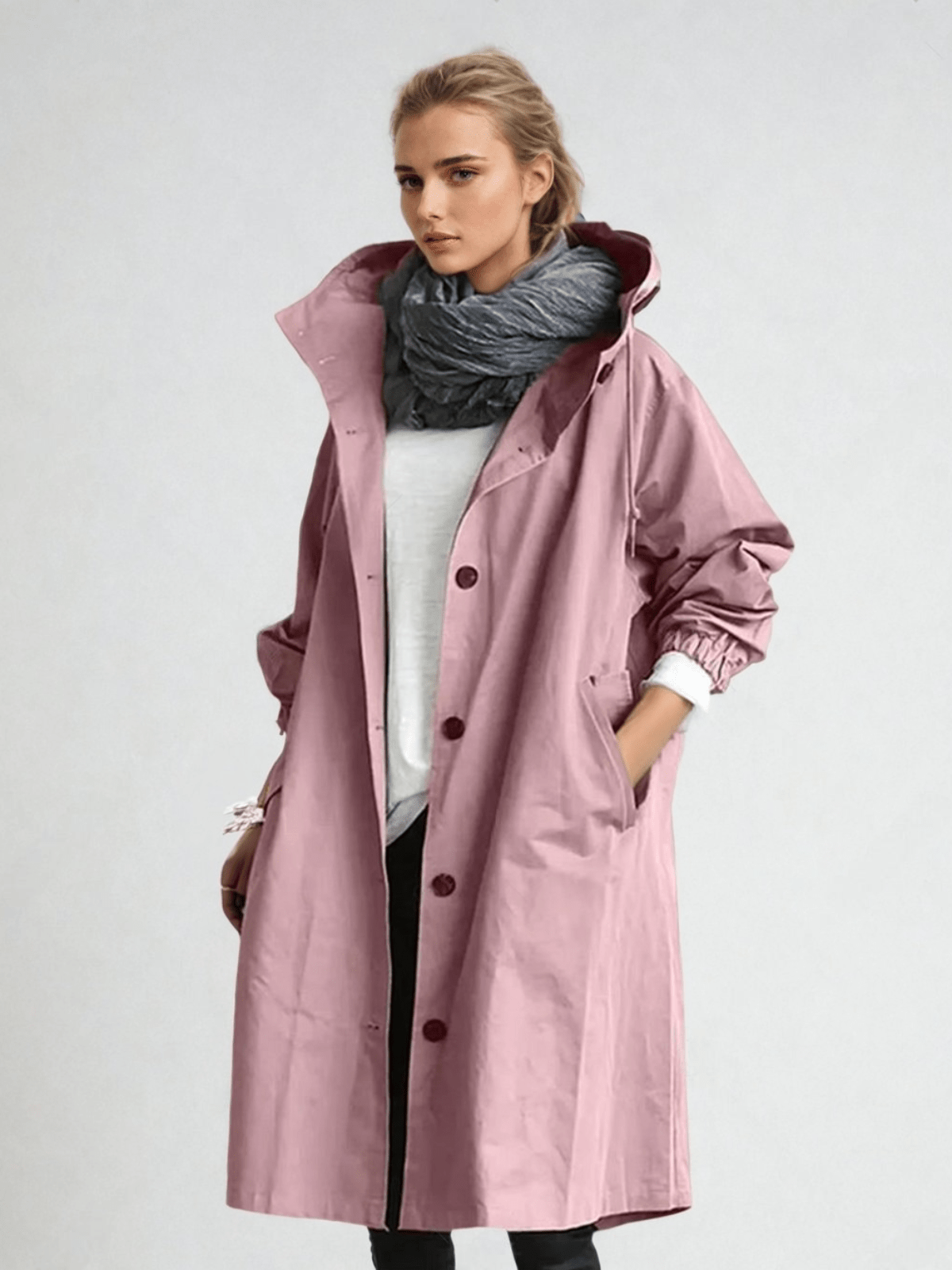 Women's Longline Trench Coat Hooded Button Front Stylish Layering Everyday