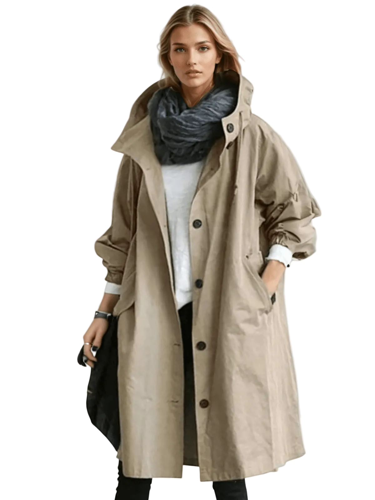 Women's Longline Trench Coat Hooded Button Front Stylish Layering Everyday