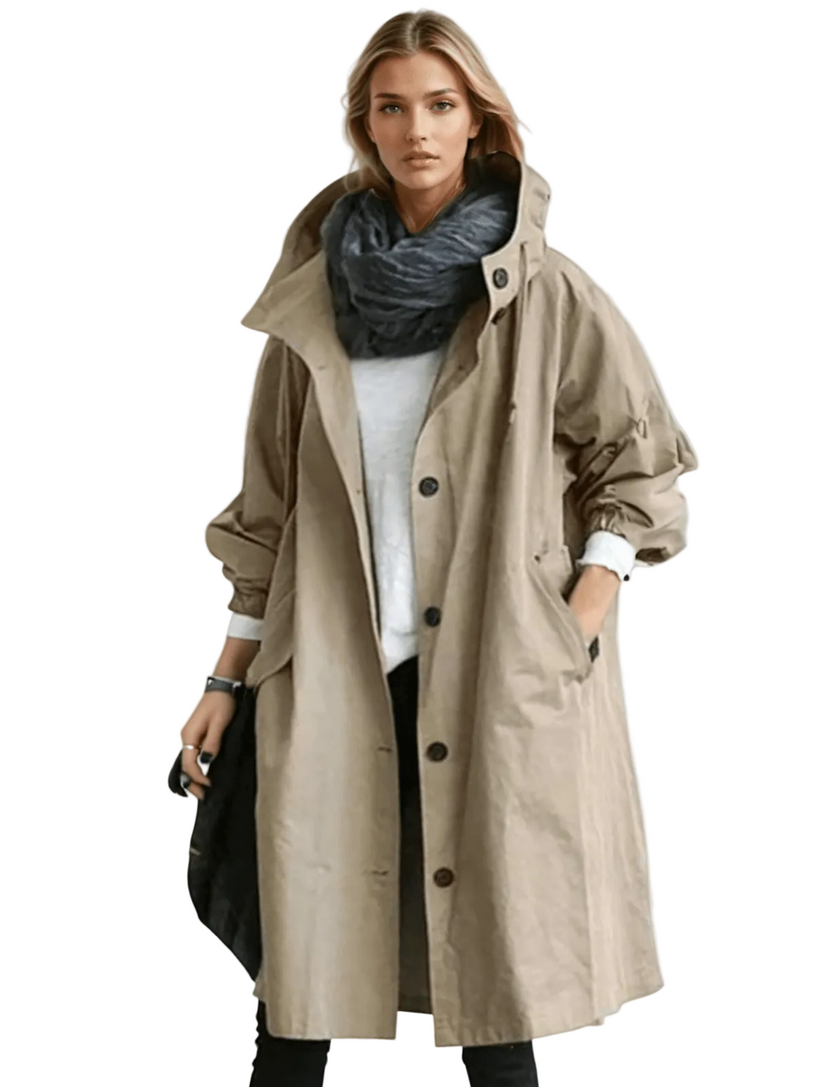 Women's Longline Trench Coat Hooded Button Front Stylish Layering Everyday
