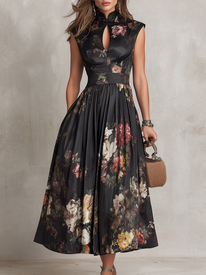 Women’s Elegant Black Floral Dress | A Line Midi Style