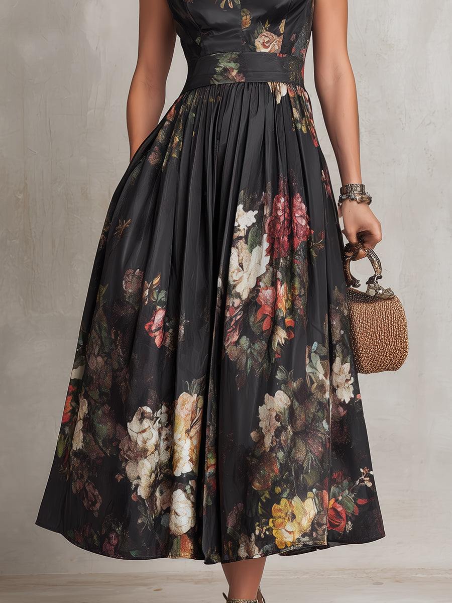 Women’s Elegant Black Floral Dress | A Line Midi Style