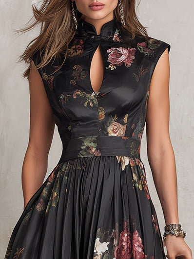 Women’s Elegant Black Floral Dress | A Line Midi Style