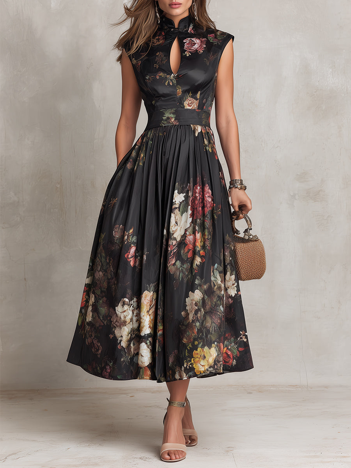 Women’s Elegant Black Floral Dress | A Line Midi Style