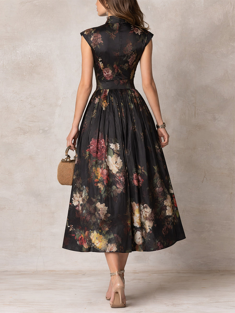Women’s Elegant Black Floral Dress | A Line Midi Style
