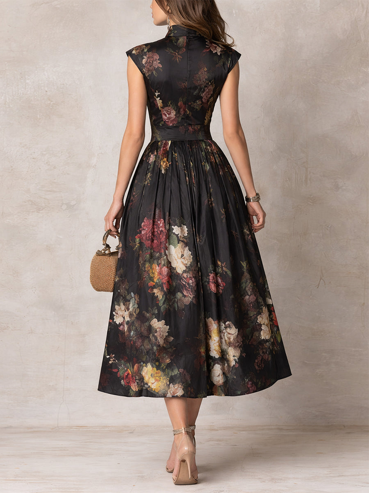 Women’s Elegant Black Floral Dress | A Line Midi Style