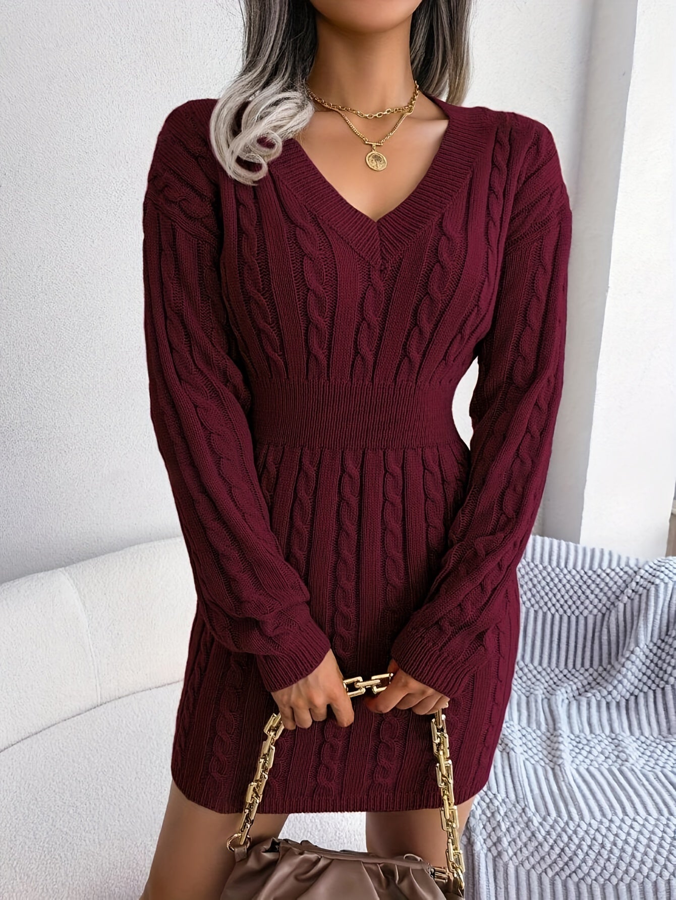 Women's Cable-Knit Peplum Sweater Dress Long Sleeve V-Neck Cozy Midi