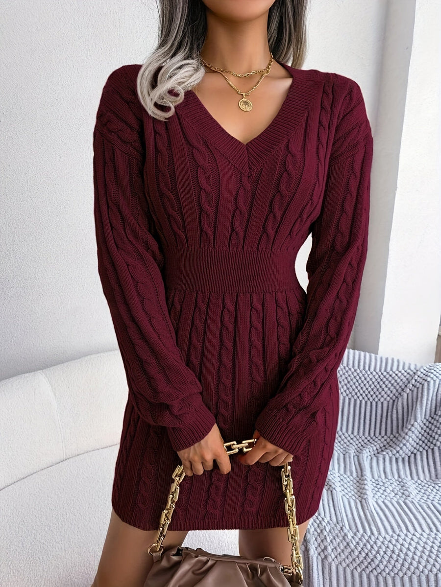 Women's Cable-Knit Peplum Sweater Dress Long Sleeve V-Neck Cozy Midi