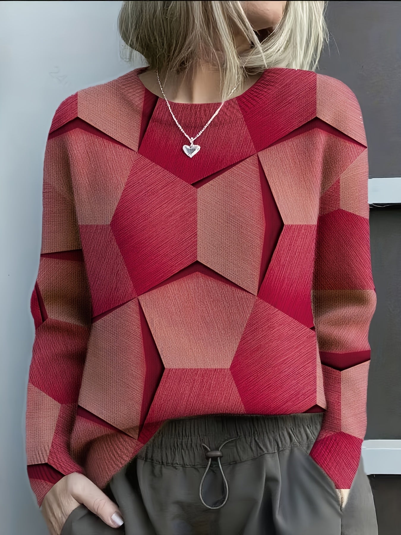 Women's Geometric Colorblock Knit Sweater Long Sleeve Crew Neck Casual Everyday