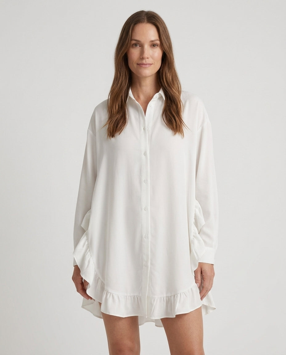 Women's Shirt With Ruffle Hem and Button Front