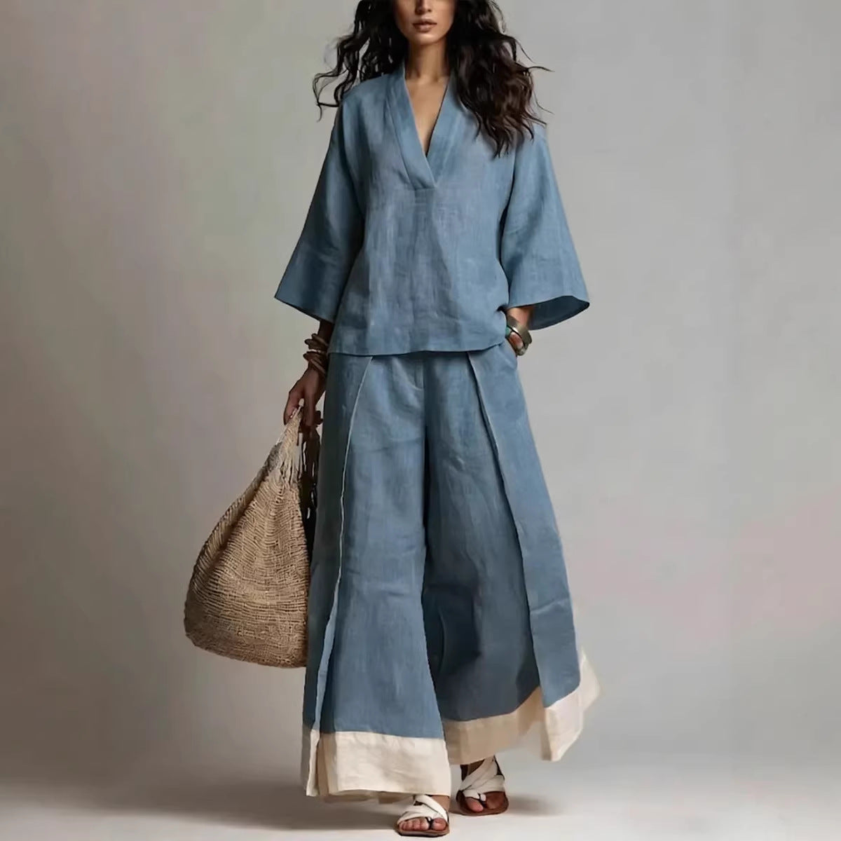 Women's Casual V-Neck Shirt Wide-Leg Pants Set Outfit for Work Brunch Casual Days and Everyday Wear
