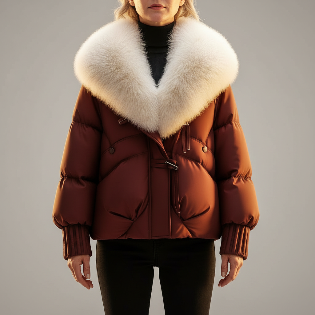 Women's Glossy Puffer Jacket Oversized Faux Fur Collar Stylish Layering
