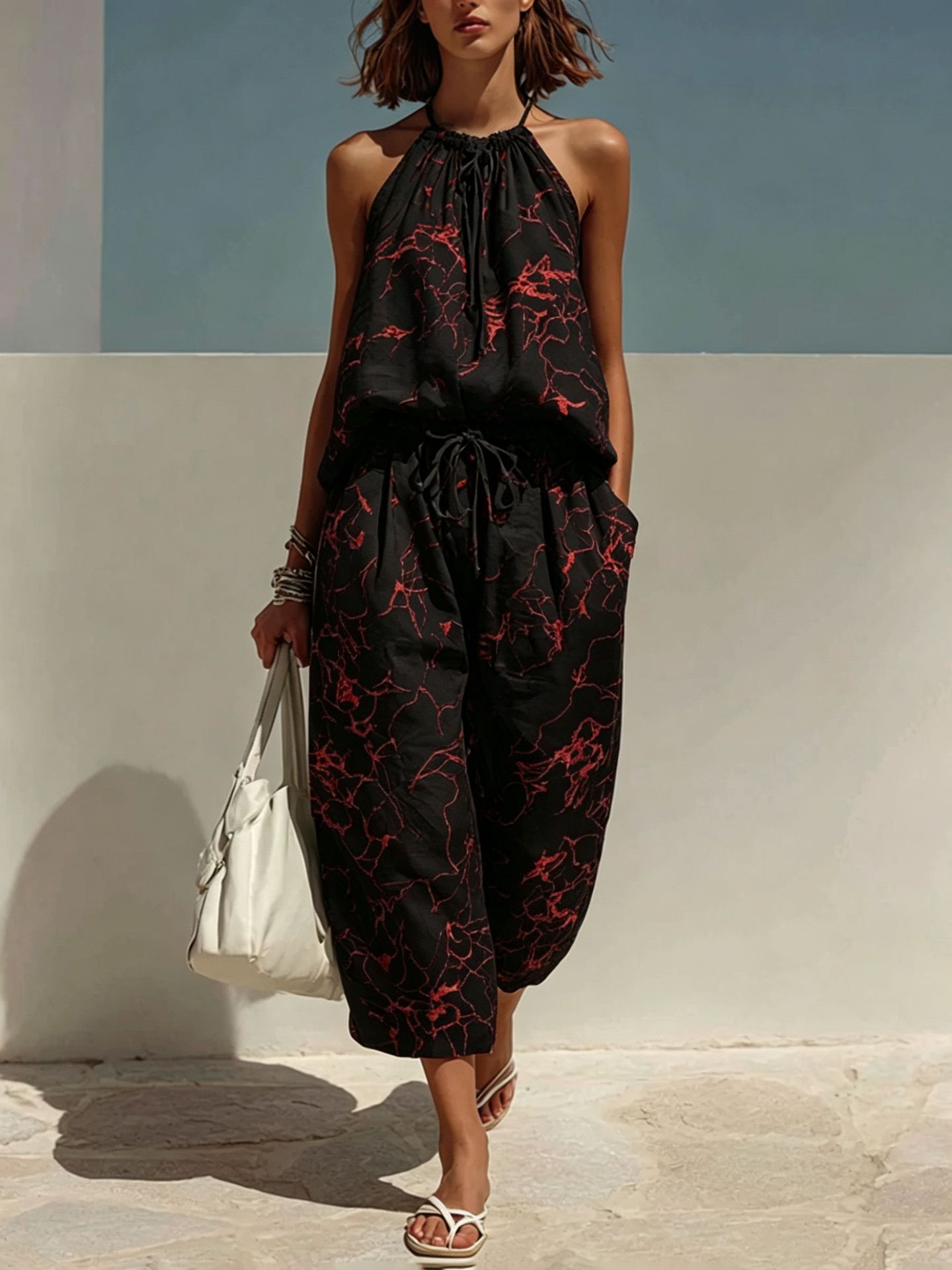 Women's Fashion Minimalist Digital-Print Backless Camisole Cropped Wide-Leg Pants Set Outfit for Work Casual Days Holidays and