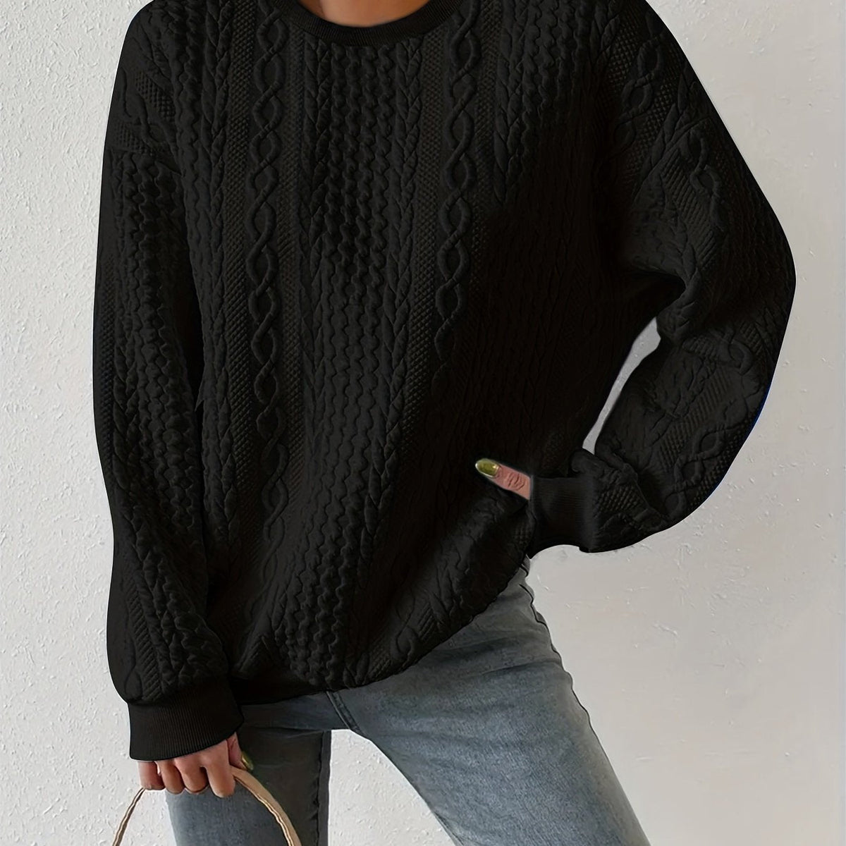 Women's Casual Cable Knit Sweatshirt Crewneck Relaxed Fit Everyday Wear