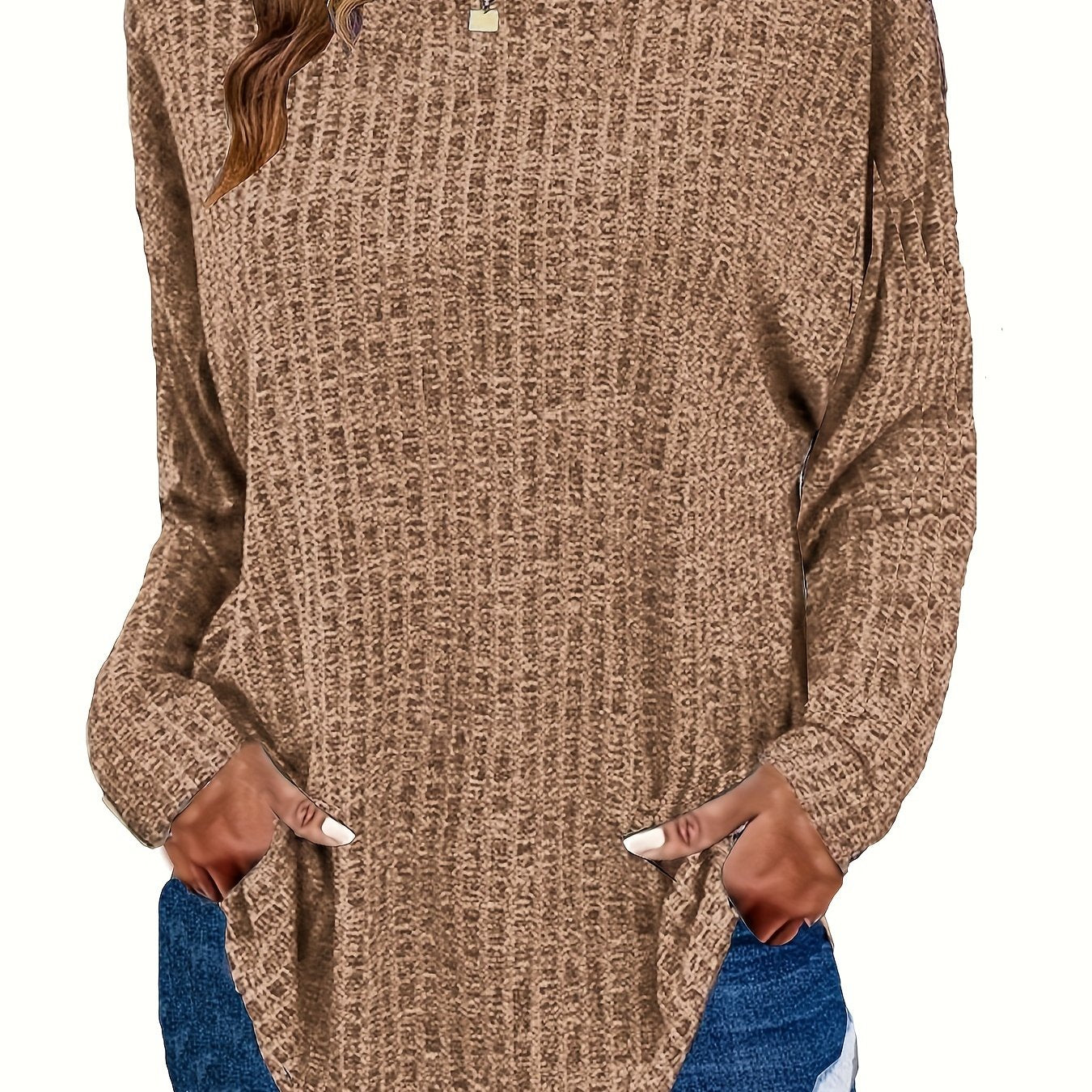 Women's Waffle Knit Tunic Sweater Curved Hem Long Sleeve Casual Everyday
