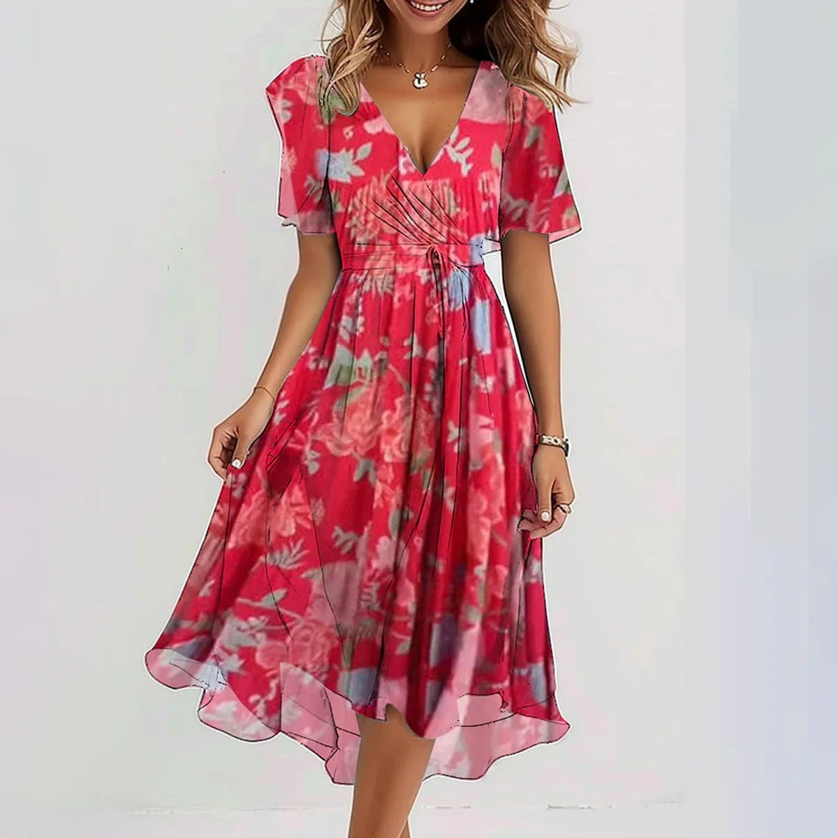 Women's Colourful Artistic Midi Dress Outfit for Summer Holidays Weddings Parties and Everyday Wear
