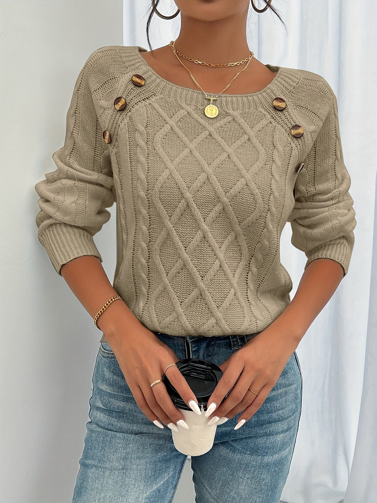 Women's Elegant Cable Knit Sweater Crewneck Long Sleeve Button Detail Stylish