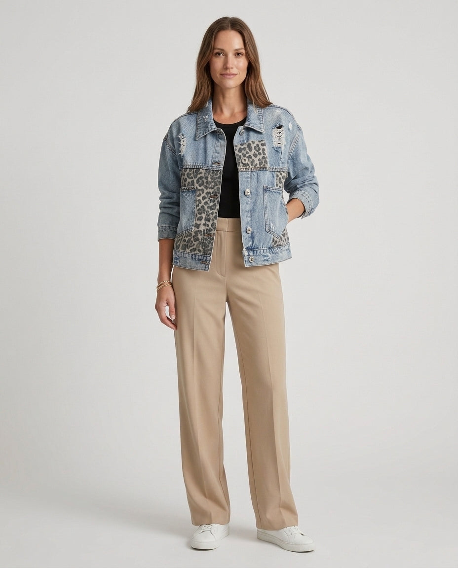 Women’s Denim Jacket with Leopard Print Panels