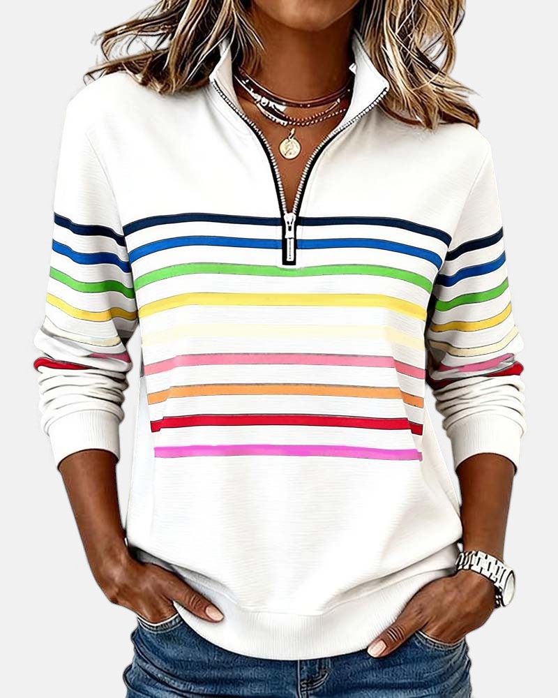 Women's Trendy Striped Quarter Zip Sweater Relaxed Fit Long Sleeve Casual Everyday