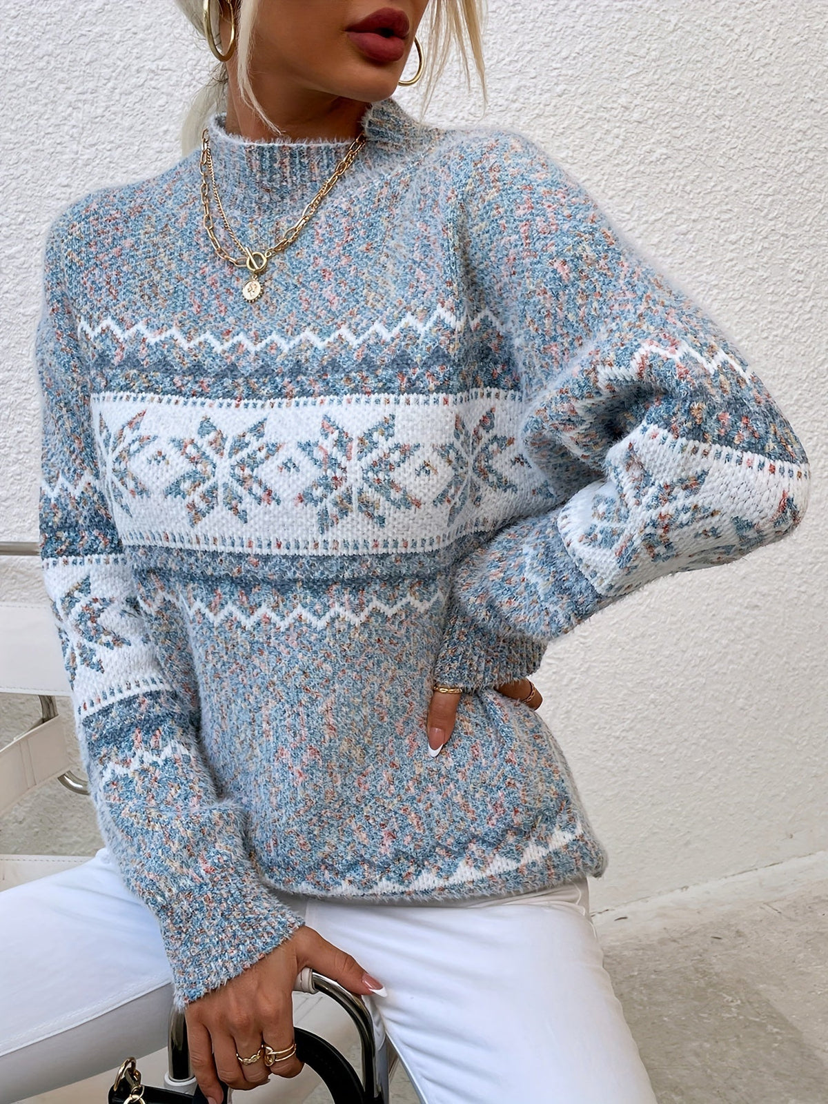 Women's Fair Isle Knit Sweater Mock Neck Long Sleeve Cozy Casual Stylish
