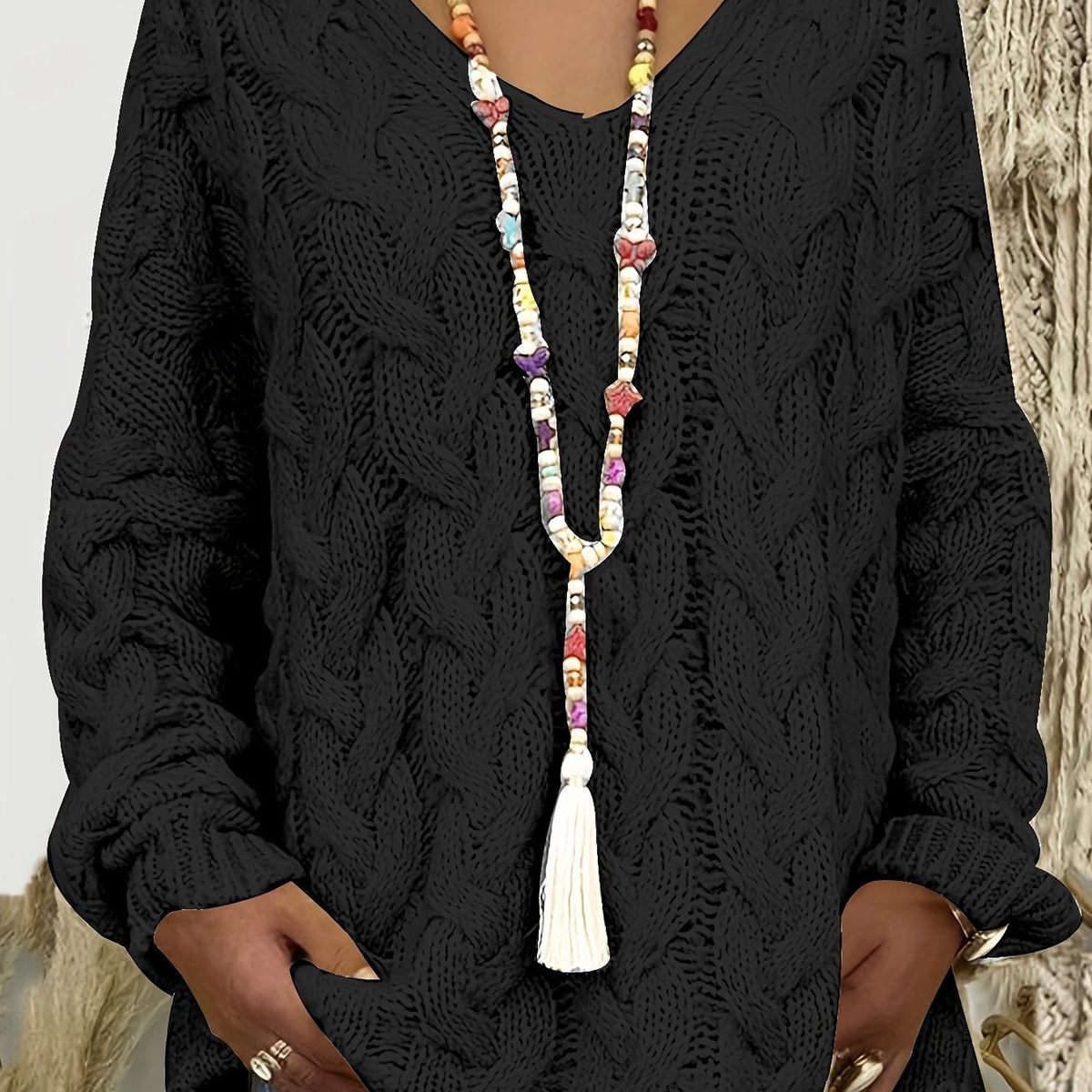 Women's Relaxed V-Neck Sweater Cable Knit Casual Layering Everyday Style
