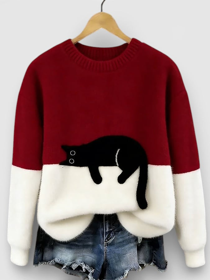 Women's Fluffy Color Block Sweater Classic Crewneck Relaxed Fit Casual Wear