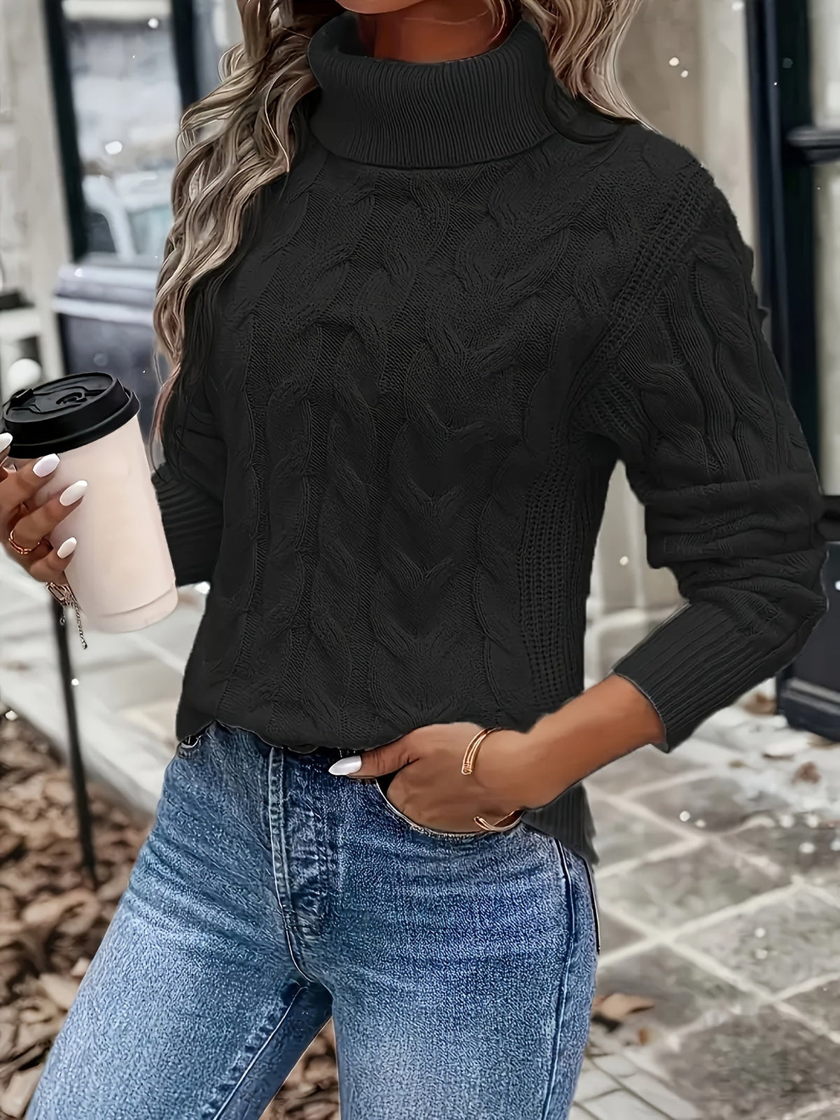 Women's Stylish Cable Knit Turtleneck Sweater Fitted Long Sleeve Cozy Casual