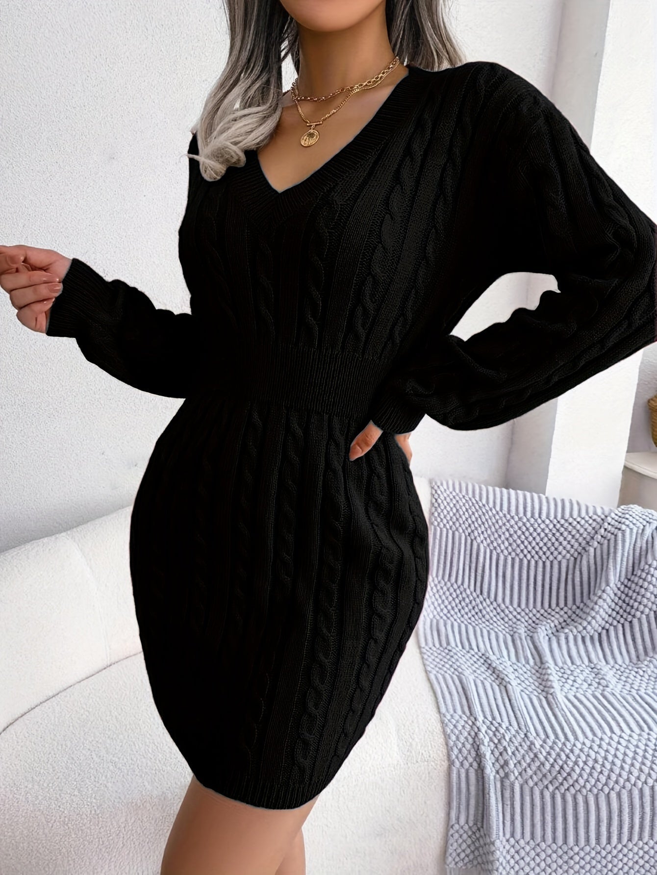 Women's Cable-Knit Peplum Sweater Dress Long Sleeve V-Neck Cozy Midi