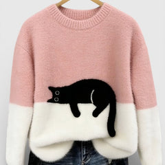 Women's Fluffy Color Block Sweater Classic Crewneck Relaxed Fit Casual Wear